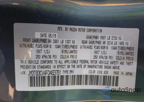 2015 Mazda Cx-9 Touring from USA, damaged, VIN JM3TB3CV4F0463761